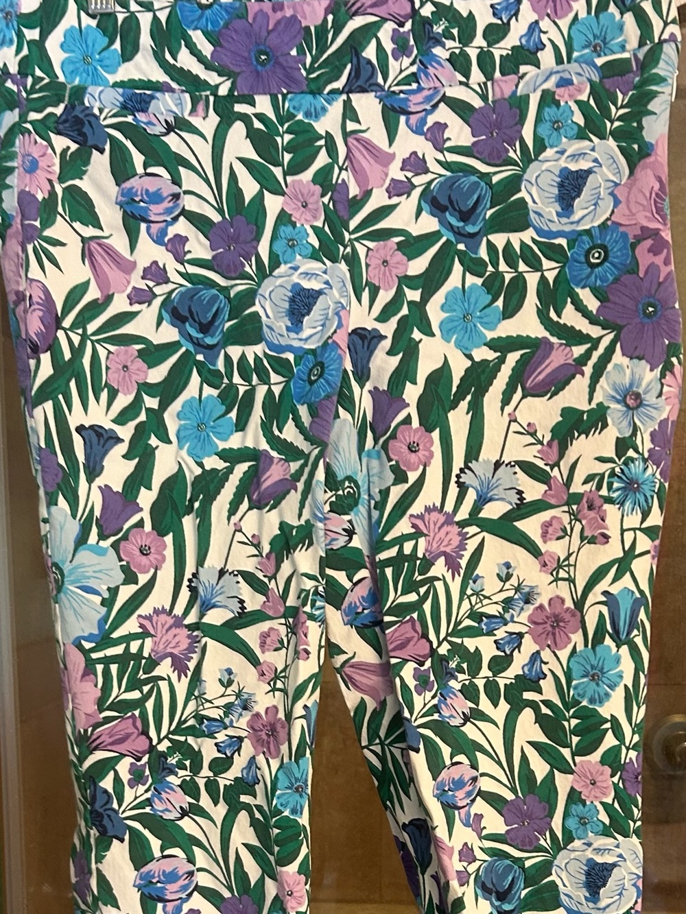 Floral Print Chatham Ankle Pant in Cream with Blue & Purple Flowers